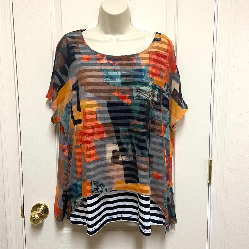 ADORÉ Women’s XL Abstract Layered Chiffon Top Colorful Art Print (fits like M-L)